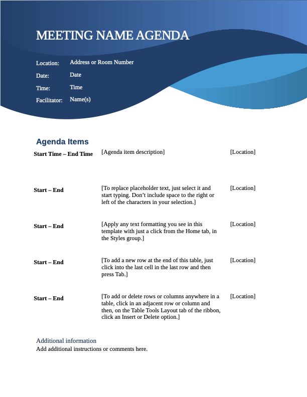 Blue curve meeting agenda